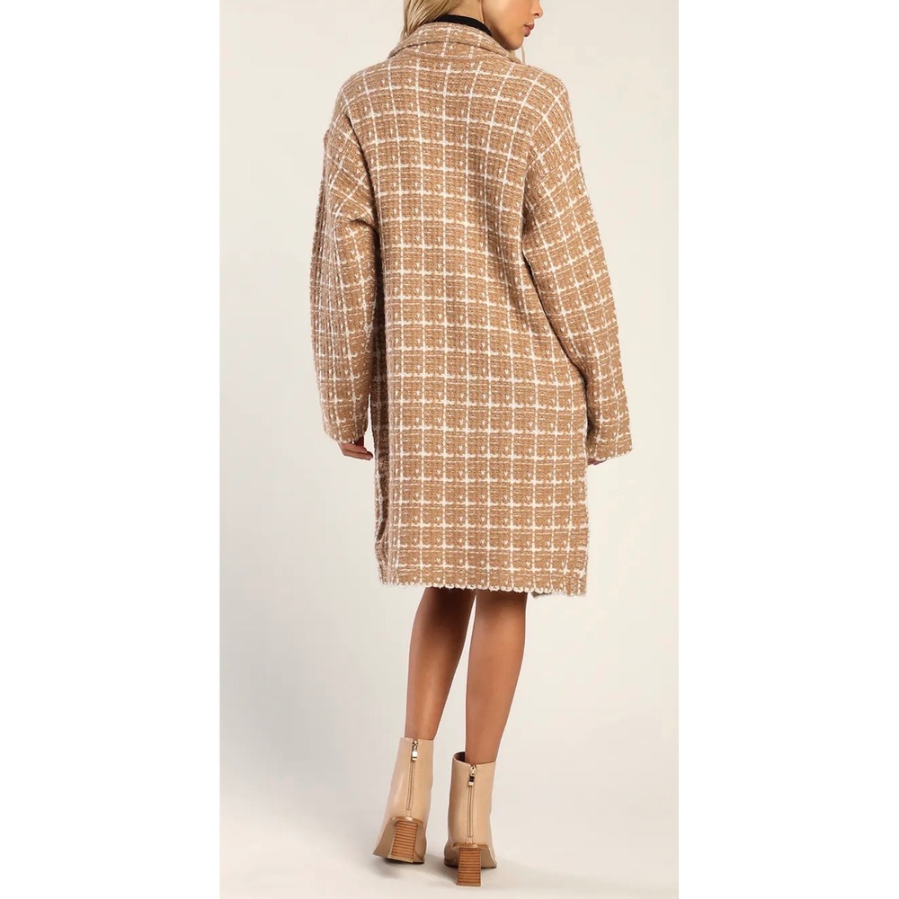 NWT Lulus Size Medium Cozy Conditions Tan White Knit Plaid Coatigan Pockets - Picture 2 of 11